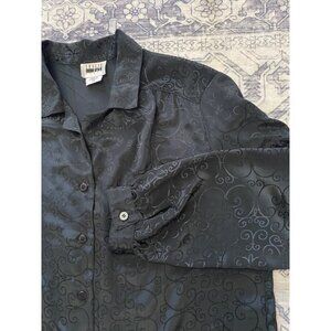 Vintage Leslie Fay Sport Black Jacquard Button-Up Blouse Size 14 Long Sleeve